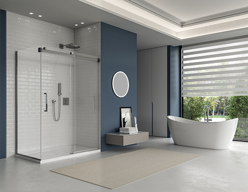 latitude pivot inline, with waltz petite tub, veritas mod towel bar and luna halo mirror