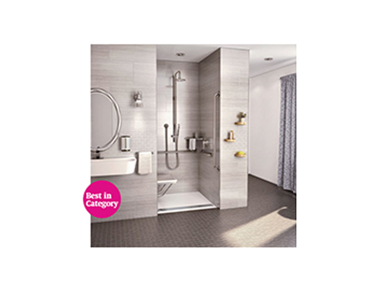 A well-designed bathroom with a fully equipped shower featuring a sleek white shower base with linear drain, ensuring convenience and comfort for users