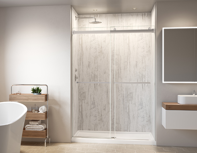 A well-lit bathroom featuring a relaxing bathtub and a separate shower area with sleek fixtures and modern Fibo wall system by Fleurco