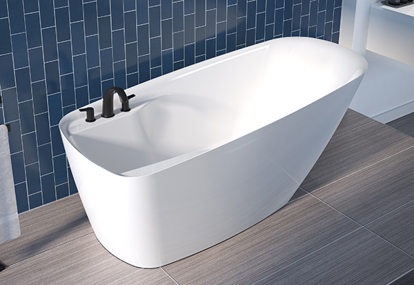 A rectangular deck-mounted freestanding tub