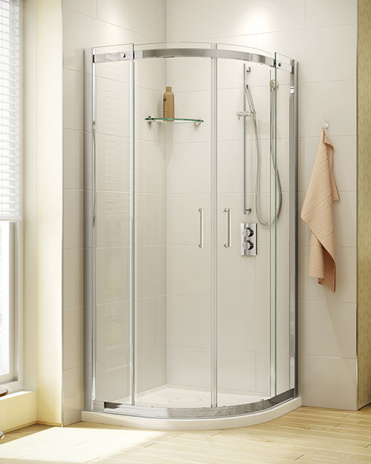 A semi frameless sliding corner shower enclosure in a vintage bathroom setting