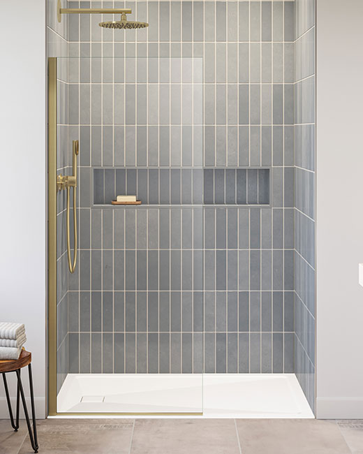 an elegant walk-in shower door in a luxurious bathroom