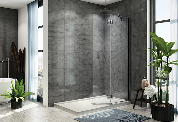 Monaco square top walk-in glass shower with fixed panel & pivoting shield in chrome finish