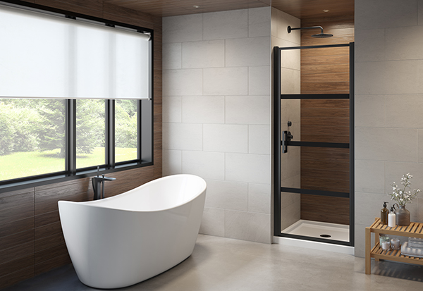 Fleurco's Latitude pivot door in a dark wood paneled shower enclosure. wall behind acrylic bathtub is the same dark wood paneling. bathroom also has large white wall tiles on other walls and a light grey floor.