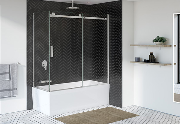 a tub door with chrome hardware in a modern monochromatic bathroom design. 